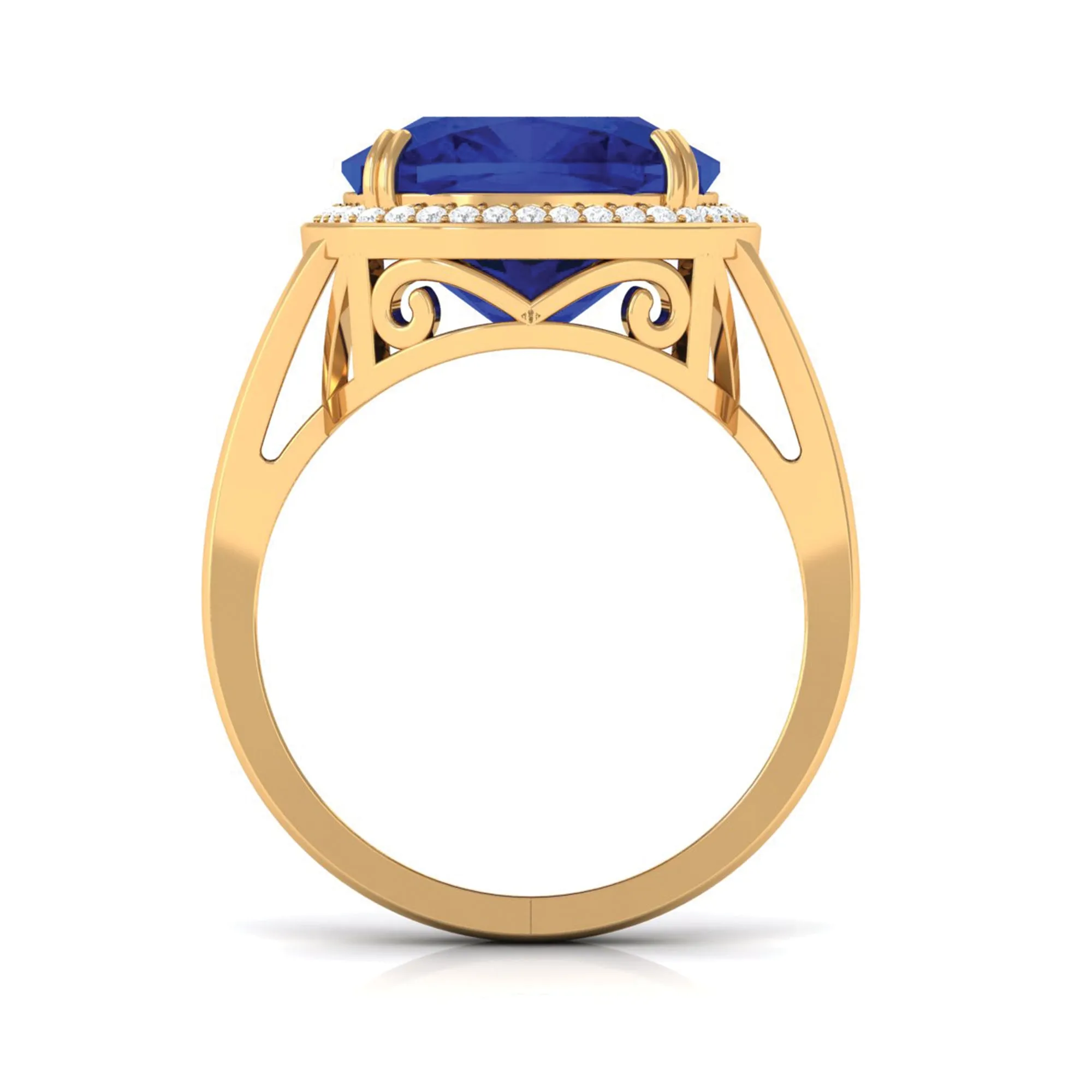 Cushion Cut Lab Grown Blue Sapphire Engagement Ring with Diamond
