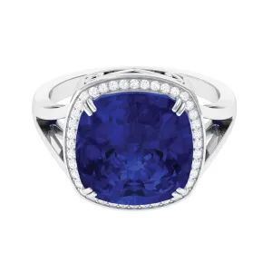 Cushion Cut Lab Grown Blue Sapphire Engagement Ring with Diamond