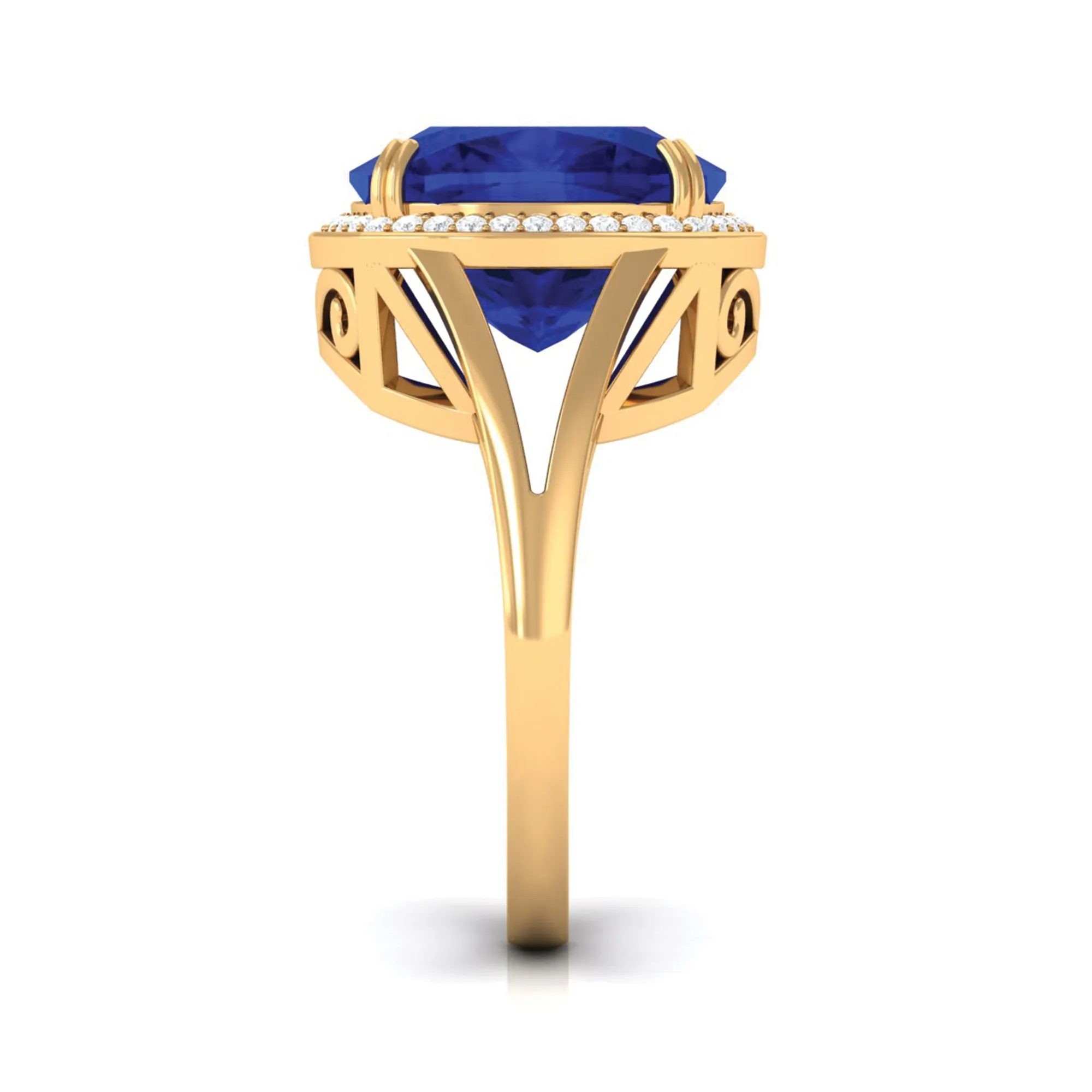 Cushion Cut Lab Grown Blue Sapphire Engagement Ring with Diamond