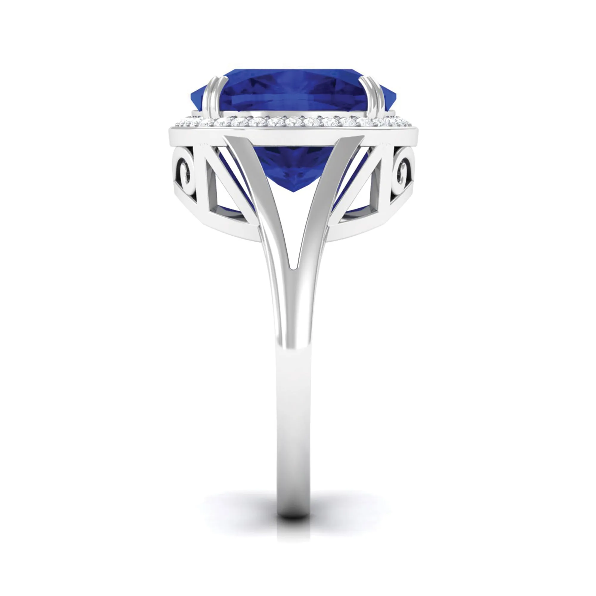 Cushion Cut Lab Grown Blue Sapphire Engagement Ring with Diamond