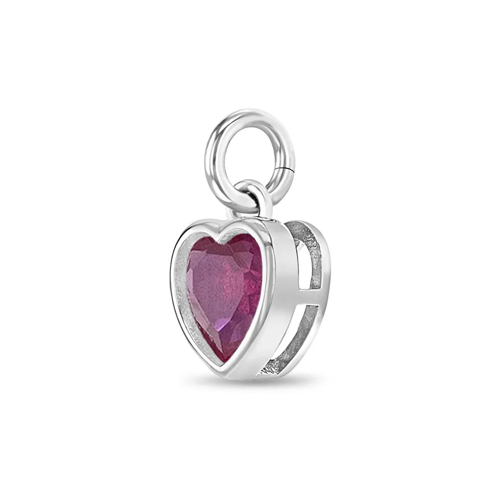 CZ Birthstone Heart Charm July – Ruby Kids / Children's / Girls for Charm Bracelet - Sterling Silver