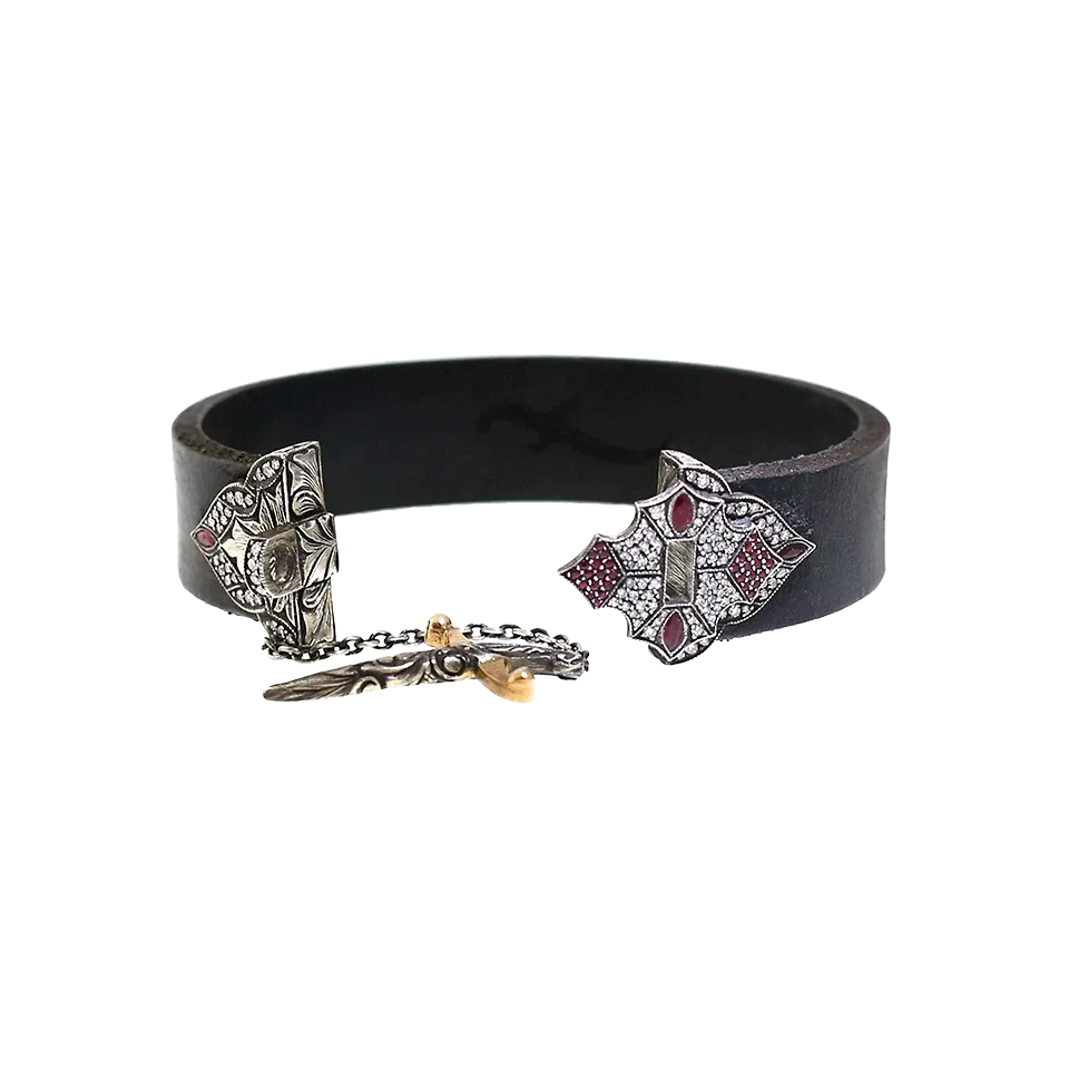 Diamond And Ruby Black Leather Wrap Bracelet