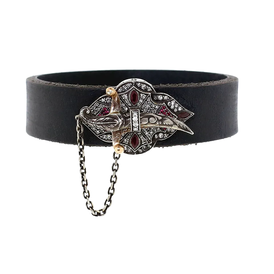 Diamond And Ruby Black Leather Wrap Bracelet