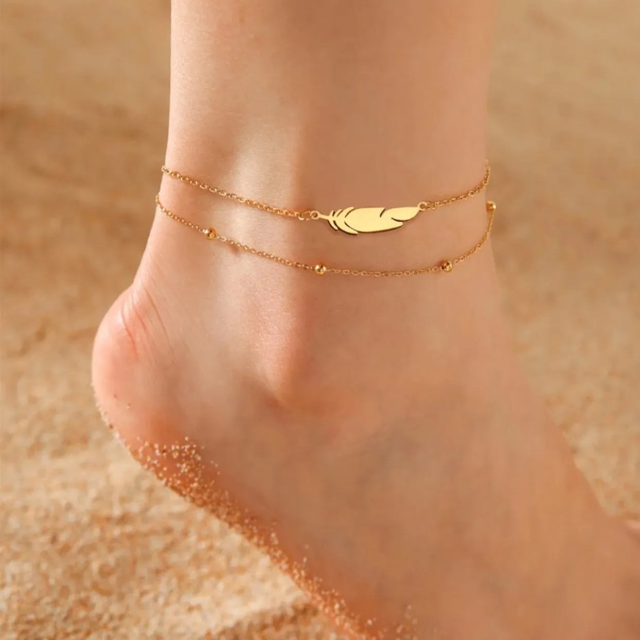 DOUBLE LEAF- SATURN CHAIN DOUBLE GOLD OR SILVER WATERPROOF ANKLET