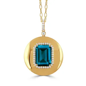 Doves 18K Yellow Gold Round Disc Pendant with London Blue Topaz and Diamonds