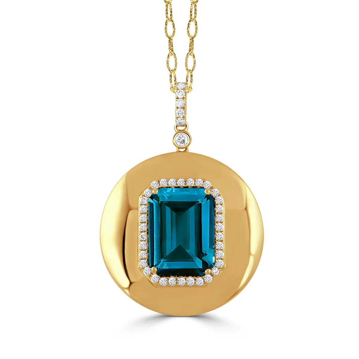 Doves 18K Yellow Gold Round Disc Pendant with London Blue Topaz and Diamonds