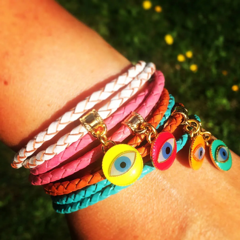 Enamel Evil Eye Charm Double Leather Braid Bracelet