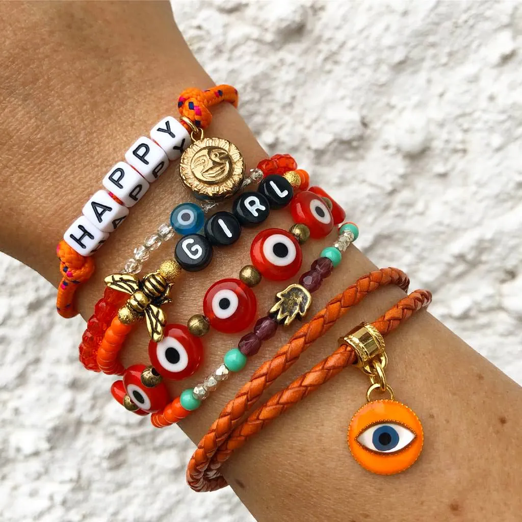 Enamel Evil Eye Charm Double Leather Braid Bracelet
