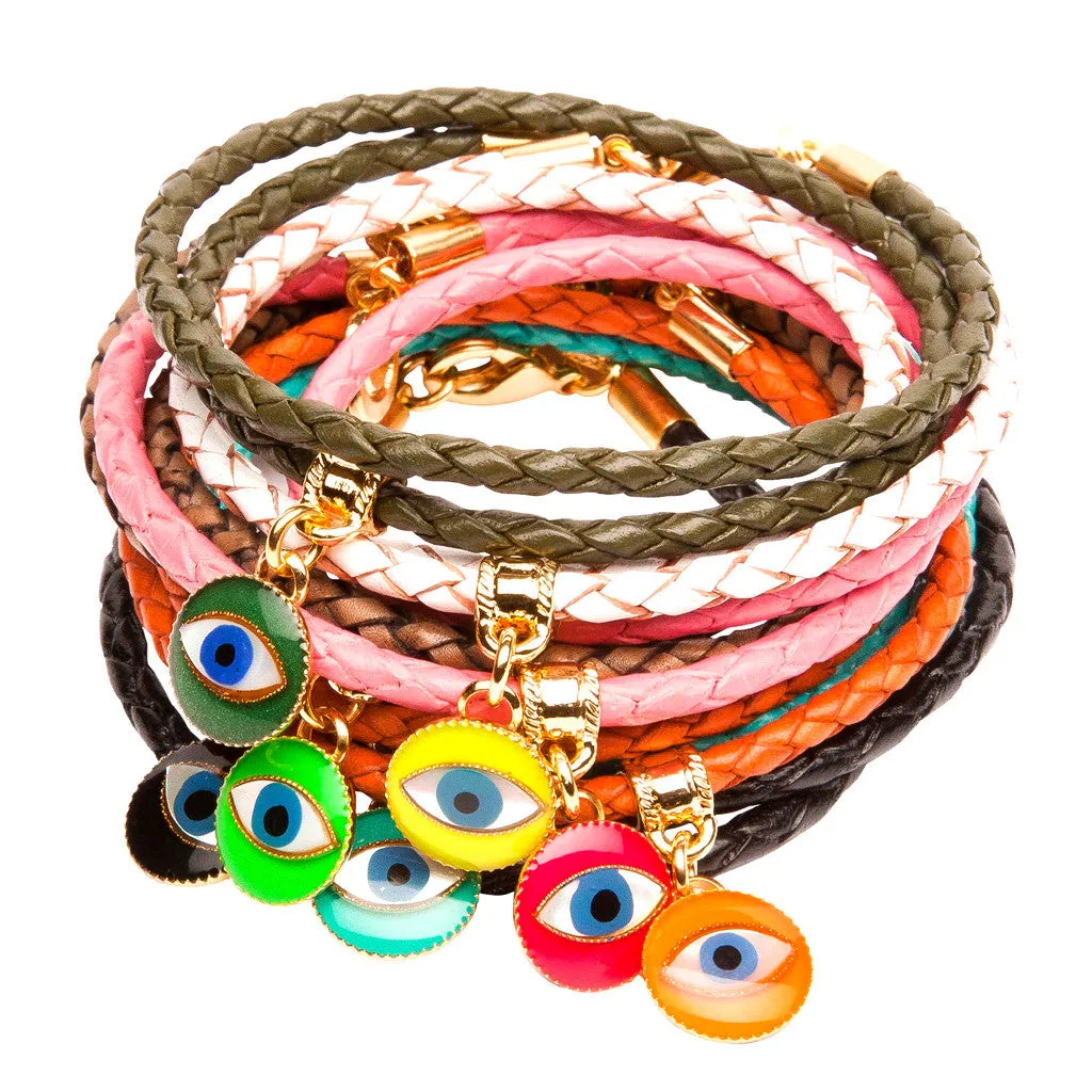Enamel Evil Eye Charm Double Leather Braid Bracelet