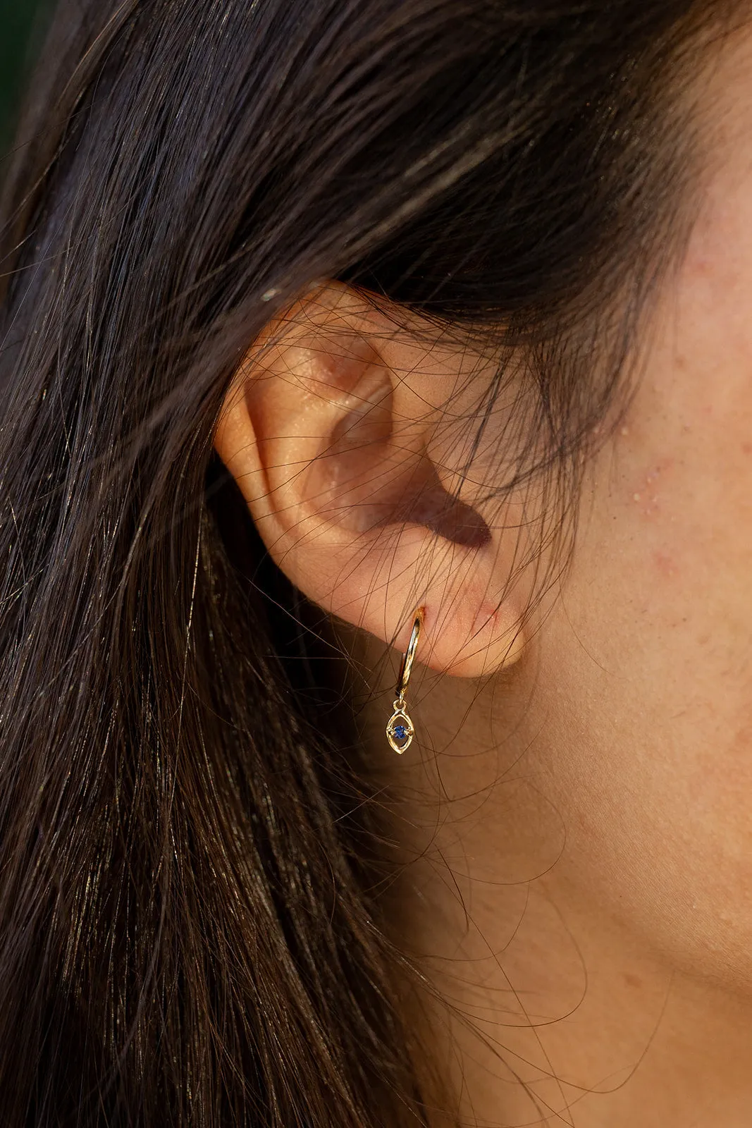 Evil Eye Sapphire Huggies ,14K Gold
