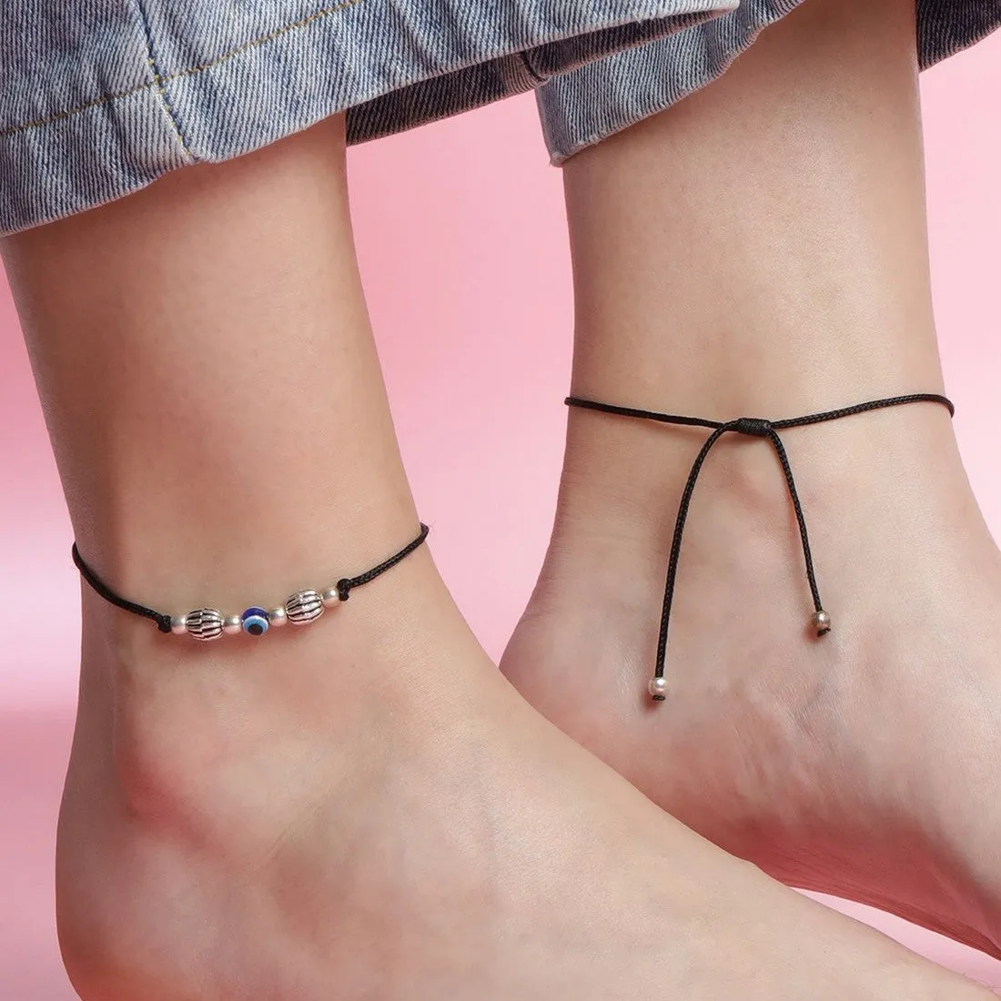 Evil Eyes Rhodium Plated 925 Sterling Silver Thread Anklet