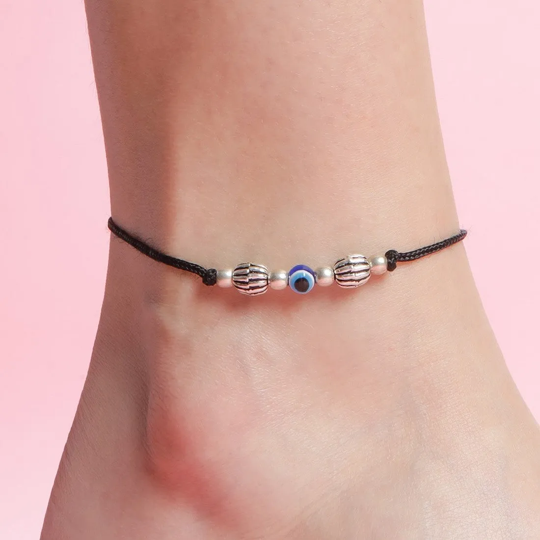 Evil Eyes Rhodium Plated 925 Sterling Silver Thread Anklet