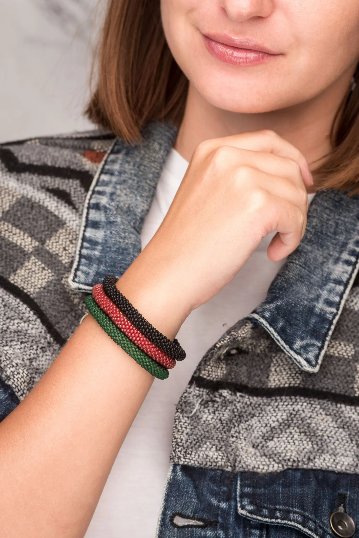 Fair Trade Nepalese Maroon Green Black Roll on Beads Bracelet Set