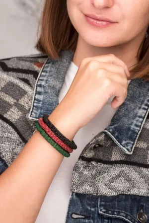 Fair Trade Nepalese Maroon Green Black Roll on Beads Bracelet Set