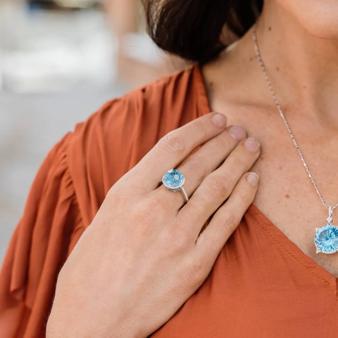 Fancy Daisy Cut Blue Topaz with Diamond Halo Ring