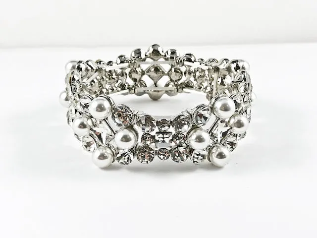 Fancy Unique Shape With Pearls & Crystals Stretch Fashion Bracelet