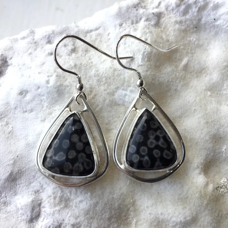 FC01E Fossilised Coral & Sterling Silver Teardrop Earrings