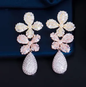 Fine Cubic Zircon Multi Tone Gold Color Statement Long Luxury Leaf Drop Earrings