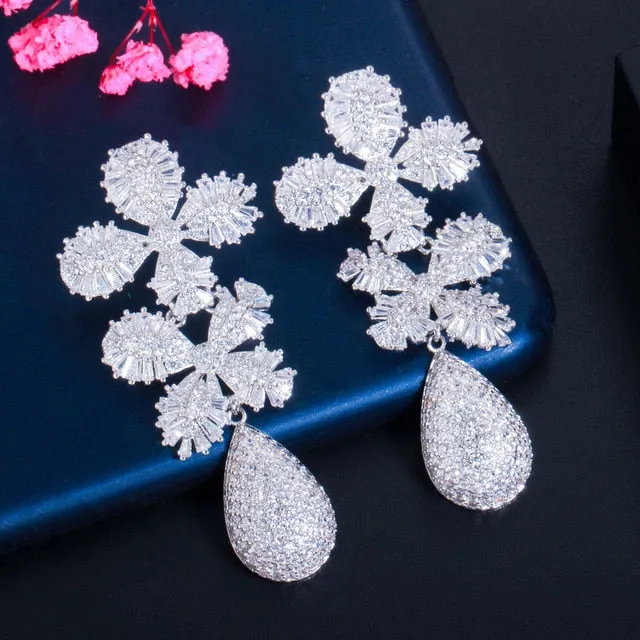 Fine Cubic Zircon Multi Tone Gold Color Statement Long Luxury Leaf Drop Earrings