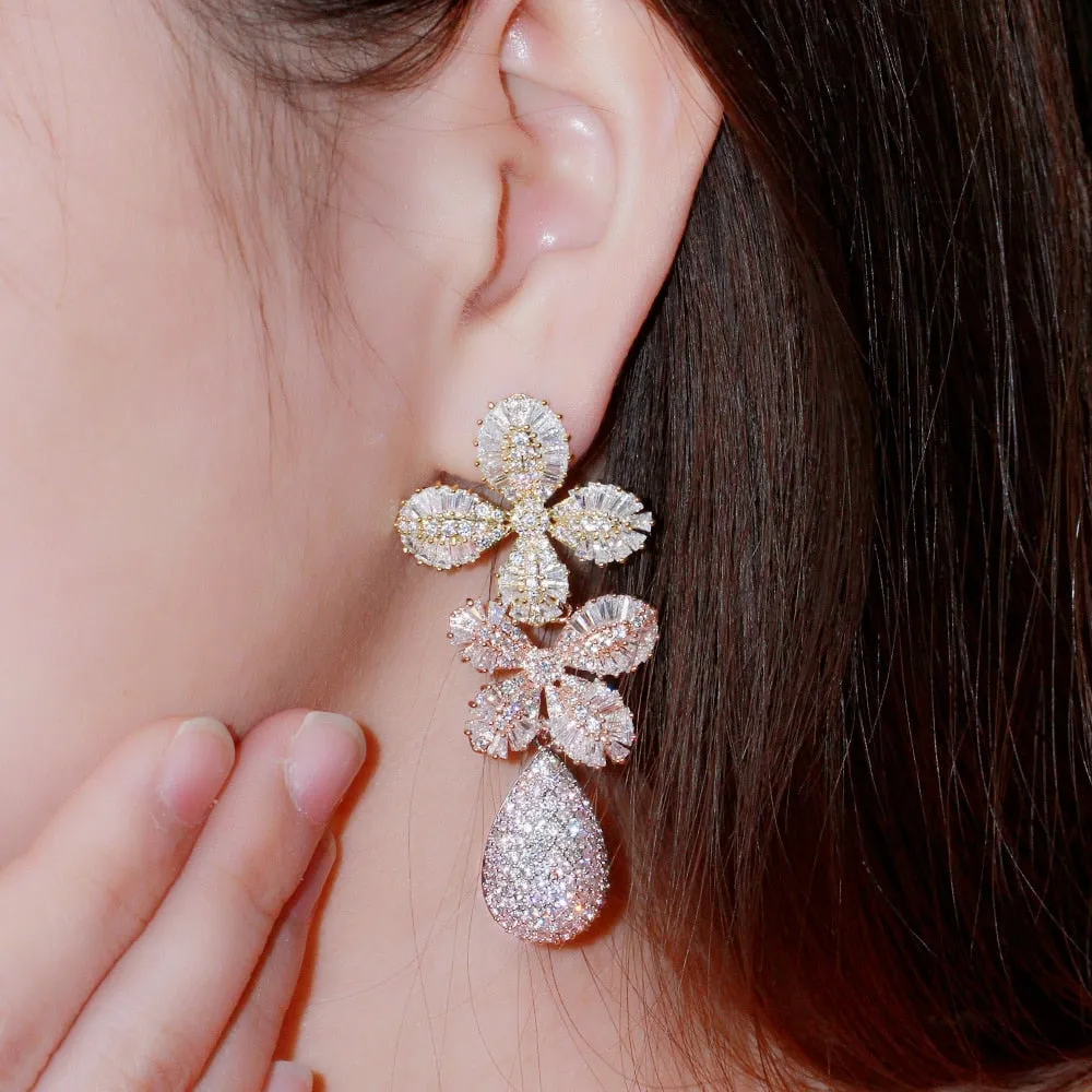 Fine Cubic Zircon Multi Tone Gold Color Statement Long Luxury Leaf Drop Earrings
