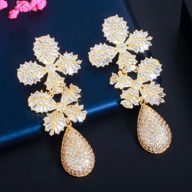 Fine Cubic Zircon Multi Tone Gold Color Statement Long Luxury Leaf Drop Earrings
