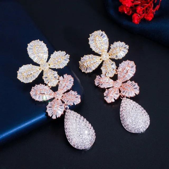 Fine Cubic Zircon Multi Tone Gold Color Statement Long Luxury Leaf Drop Earrings