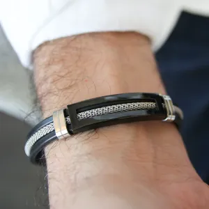 Franco Black Leather Stainless Steel Bracelet