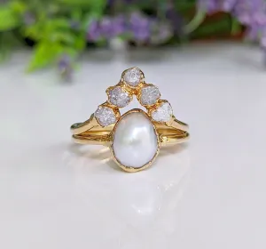 Freshwater Pearl & Raw Diamond Chevron wedding ring set in Solid 14k Gold