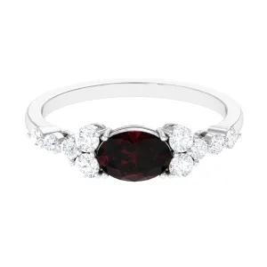 Garnet Solitaire East West Ring with Diamond Side Stones
