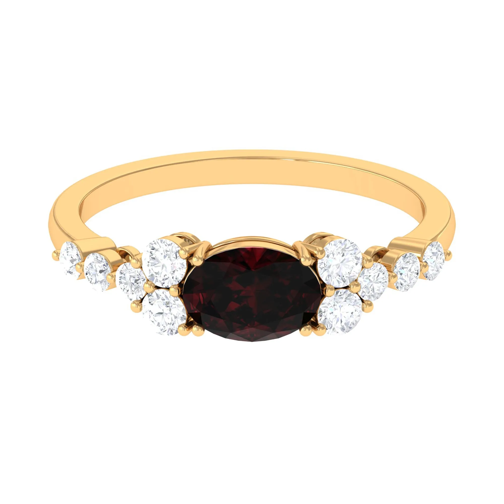 Garnet Solitaire East West Ring with Diamond Side Stones