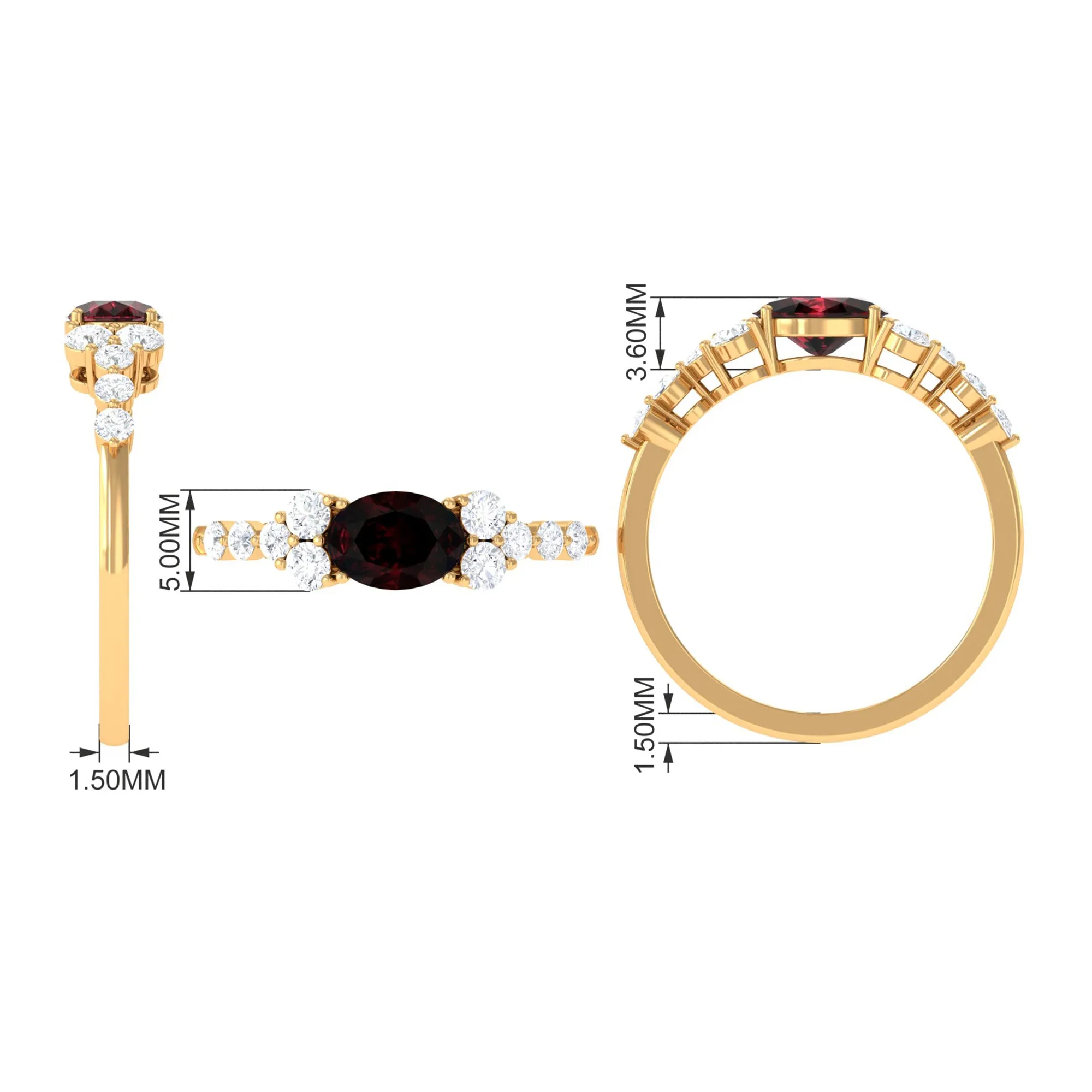 Garnet Solitaire East West Ring with Diamond Side Stones