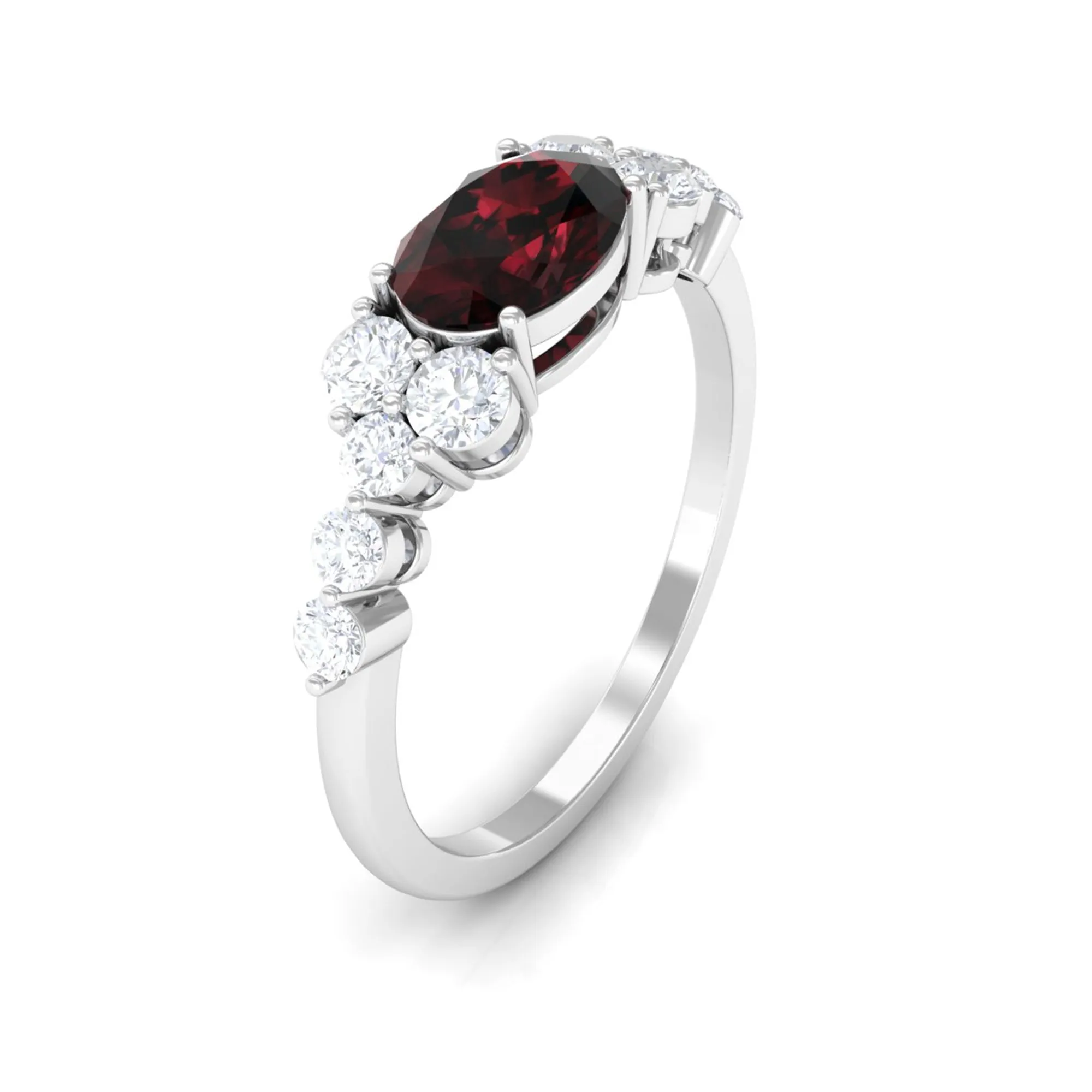 Garnet Solitaire East West Ring with Diamond Side Stones