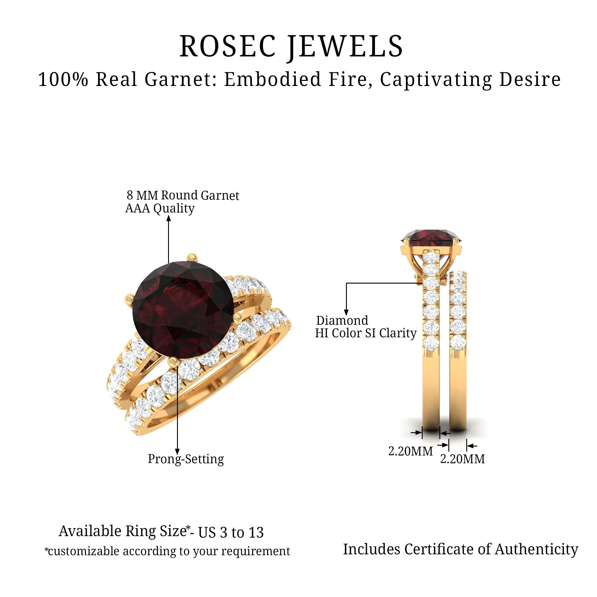 Garnet Solitaire Engagement Ring with Moissanite Wedding Band
