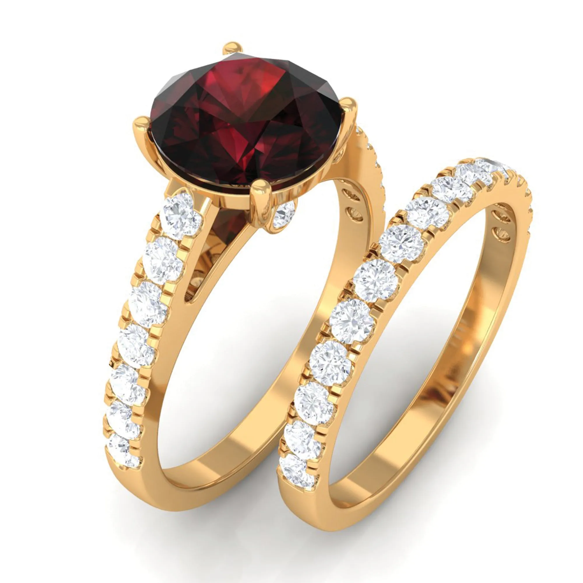 Garnet Solitaire Engagement Ring with Moissanite Wedding Band
