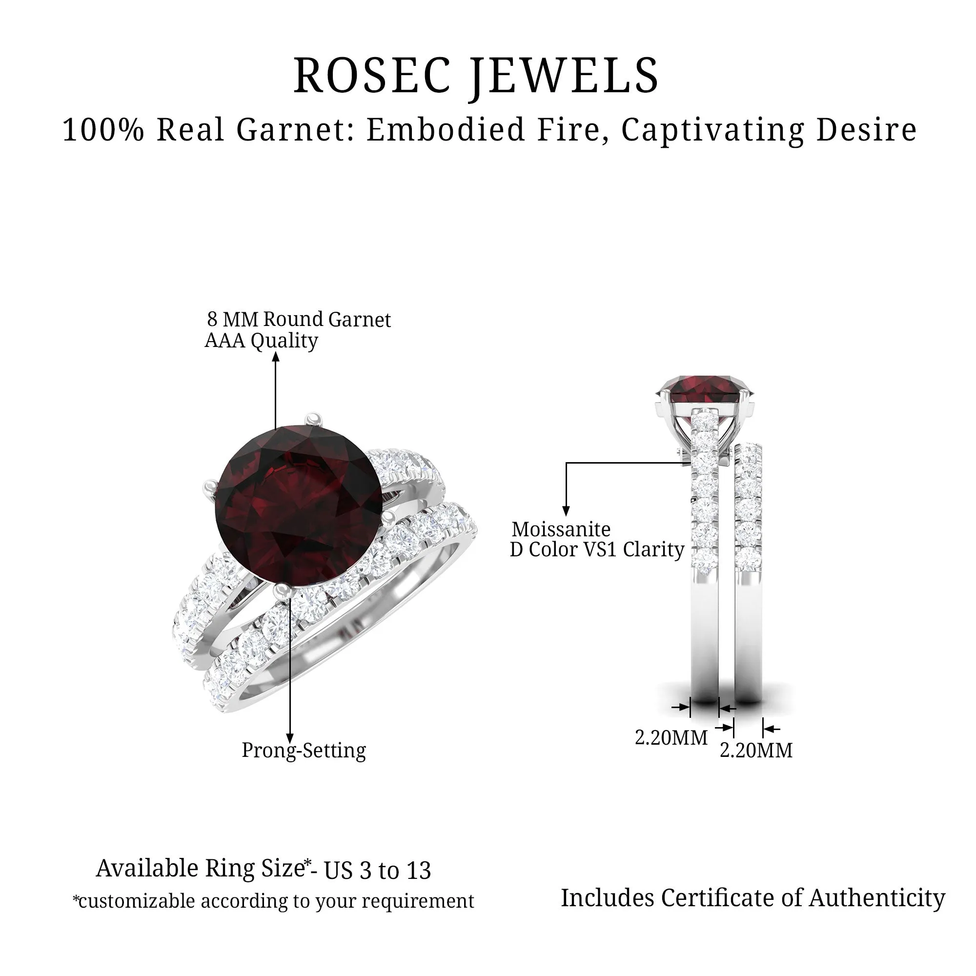 Garnet Solitaire Engagement Ring with Moissanite Wedding Band