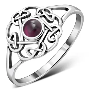 Garnet Stone Round Celtic Knot Silver Ring