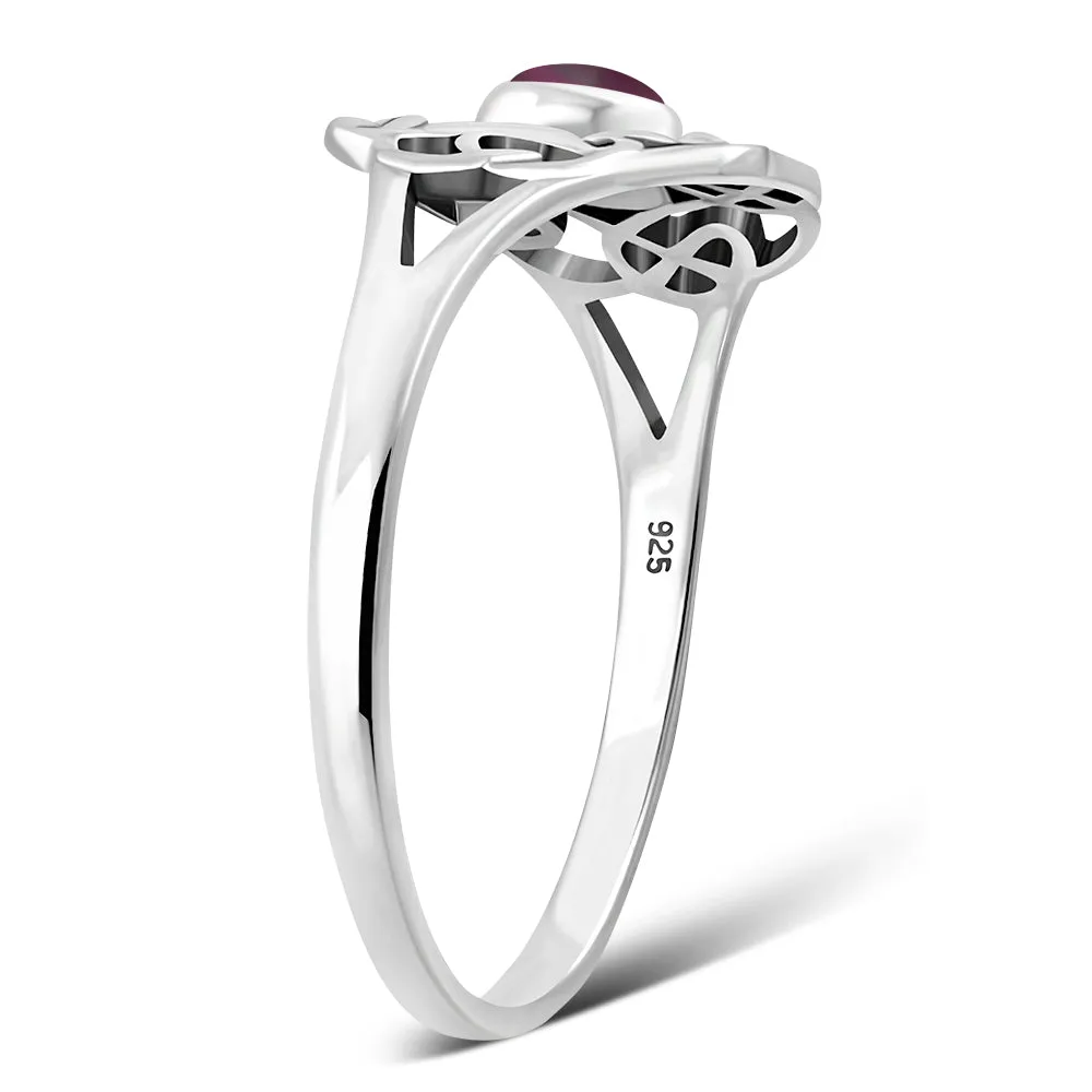 Garnet Stone Round Celtic Knot Silver Ring
