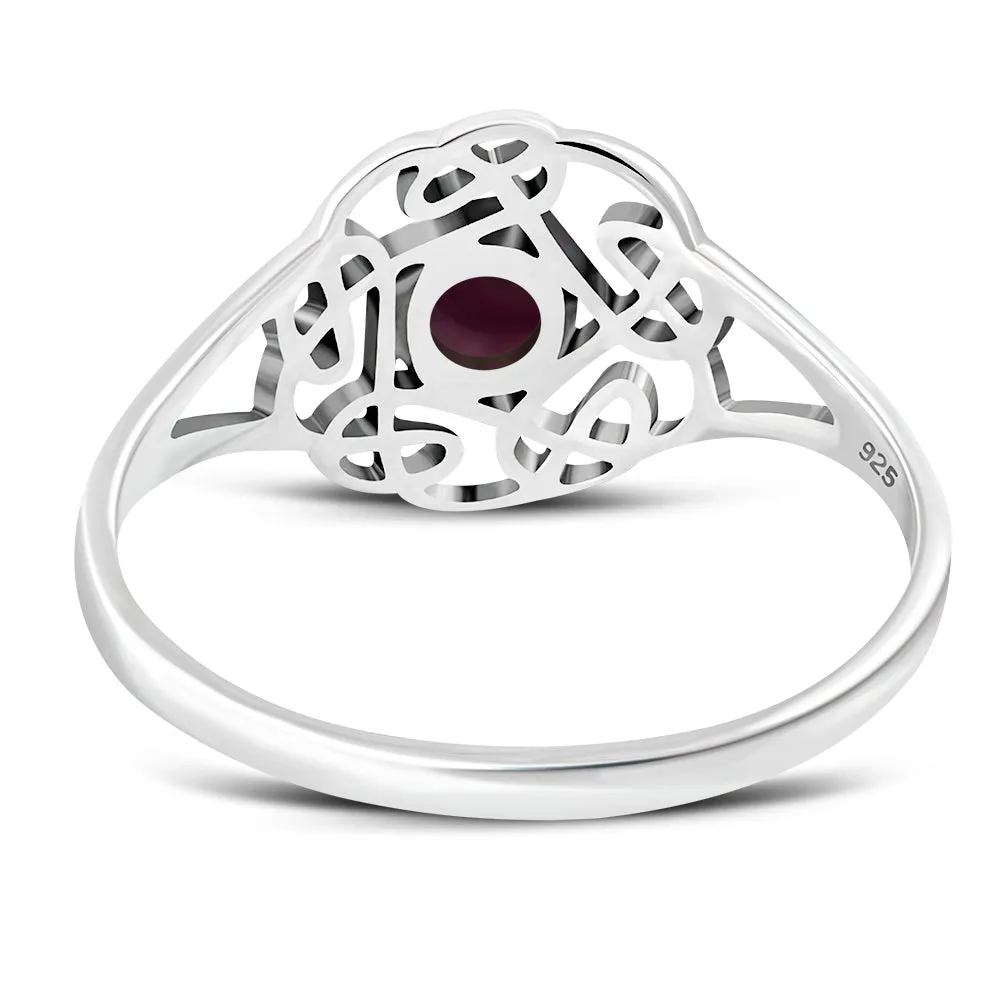 Garnet Stone Round Celtic Knot Silver Ring