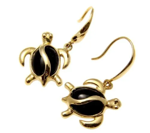 GENUINE NATURAL BLACK CORAL HOOK EARRINGS HAWAIIAN HONU TURTLE 14K YELLOW GOLD