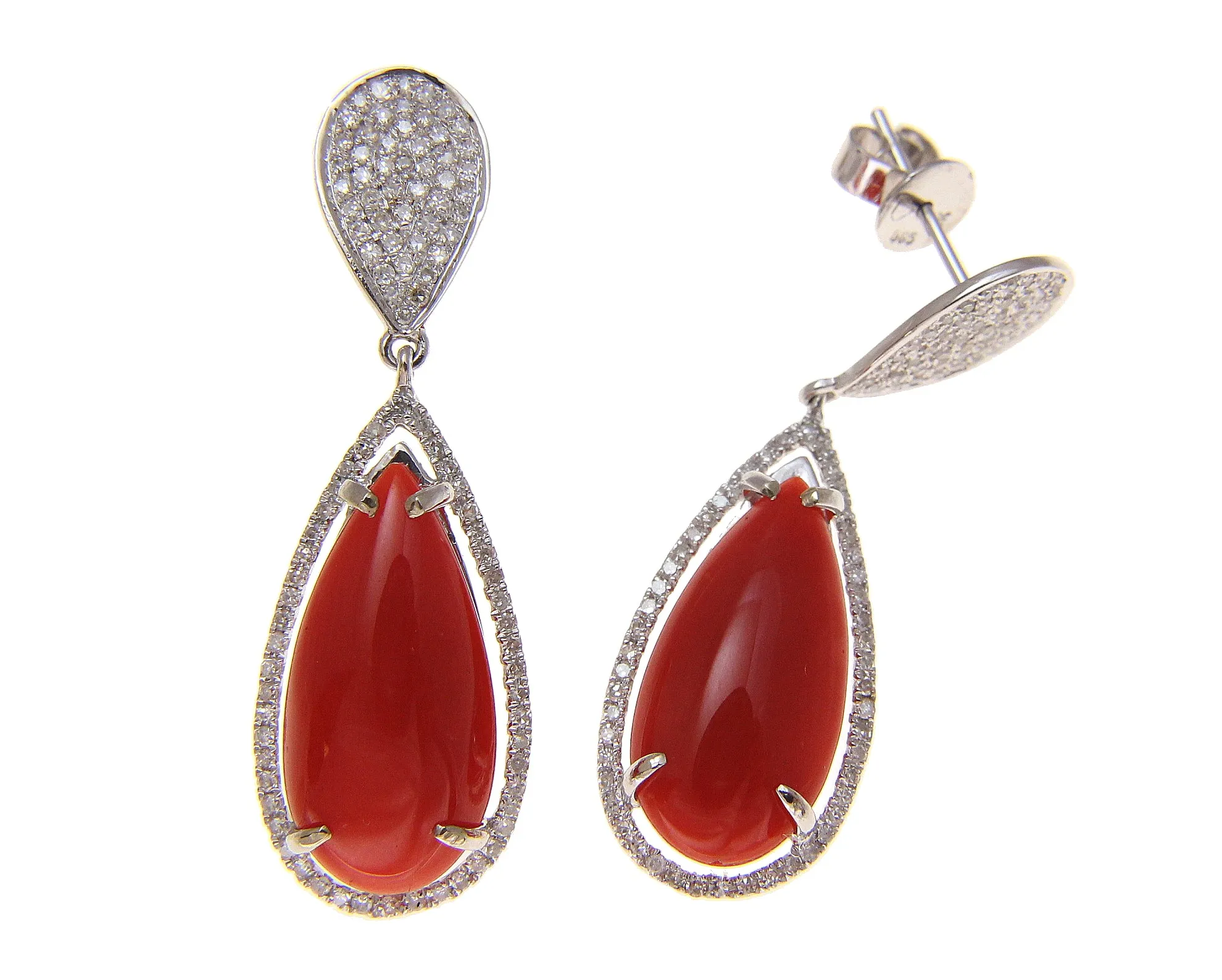 GENUINE NATURAL RED CORAL DIAMOND DROP DANGLE EARRINGS SOLID 14K WHITE GOLD