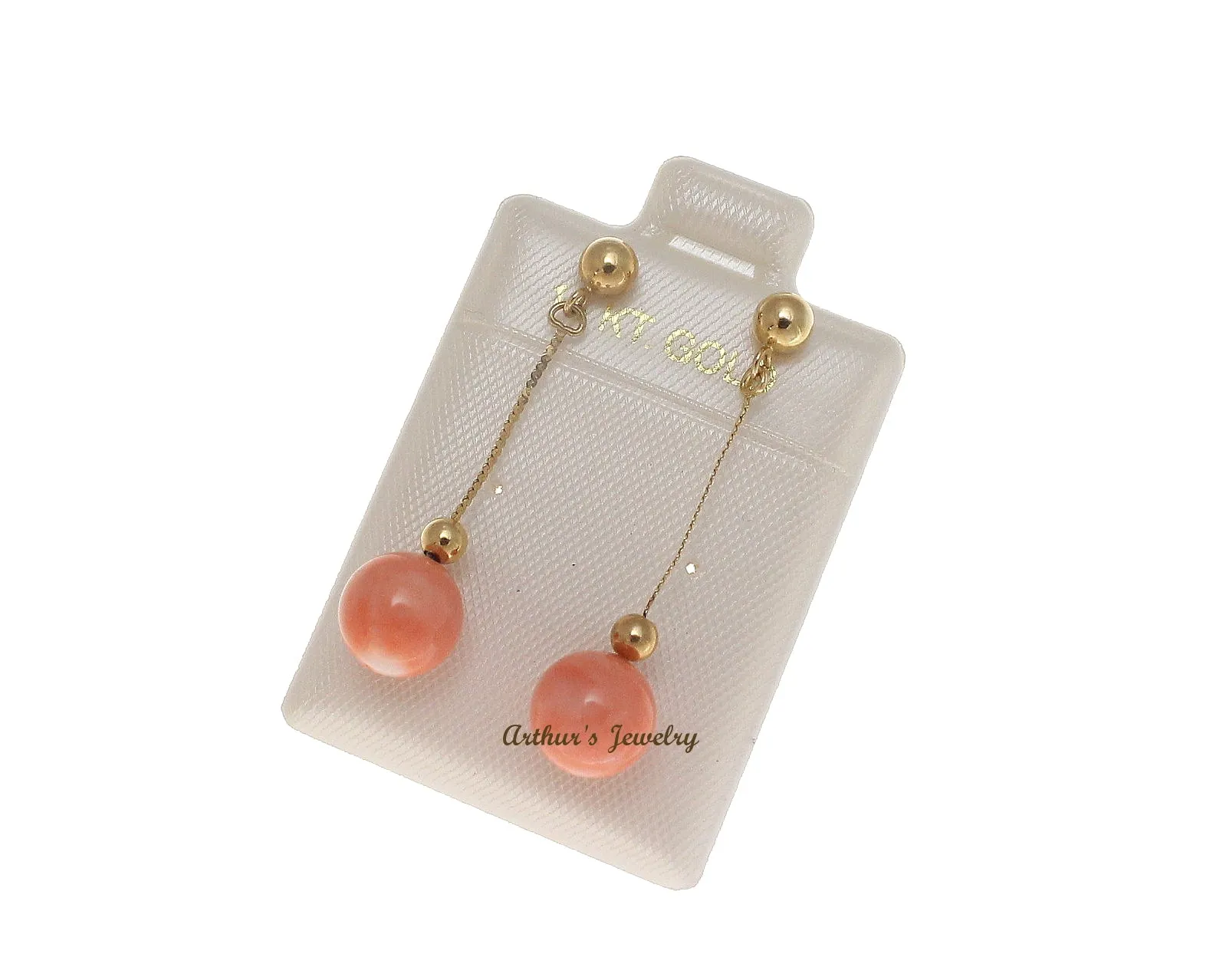 GENUINE PINK CORAL BALL DANGLE EARRINGS SOLID 14K YELLOW GOLD 7.3MM