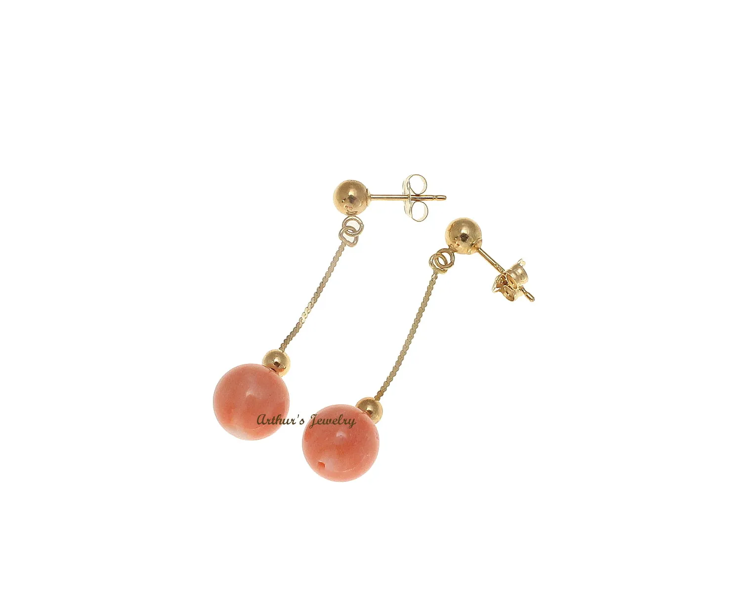 GENUINE PINK CORAL BALL DANGLE EARRINGS SOLID 14K YELLOW GOLD 7.3MM