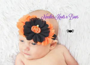 Girls Rhinestone Pumpkin Halloween Flower Headband