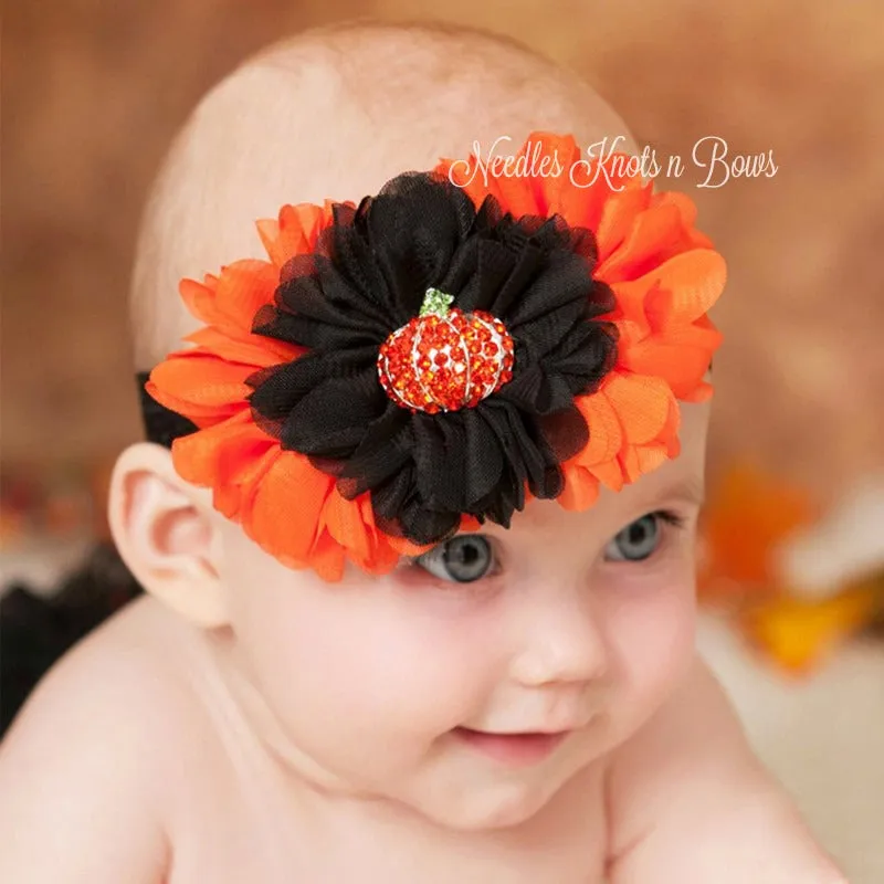 Girls Rhinestone Pumpkin Halloween Flower Headband