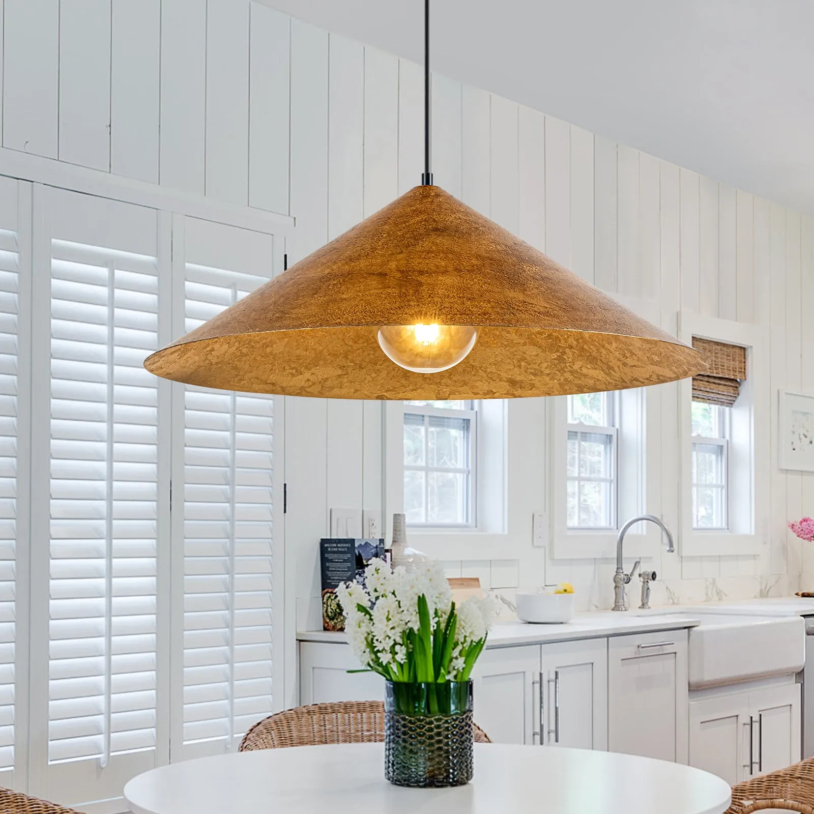 Glowlings 1-Light 25"Wide Oversized Farmhouse Antique Textured Gold Cone Dome Pendant Light