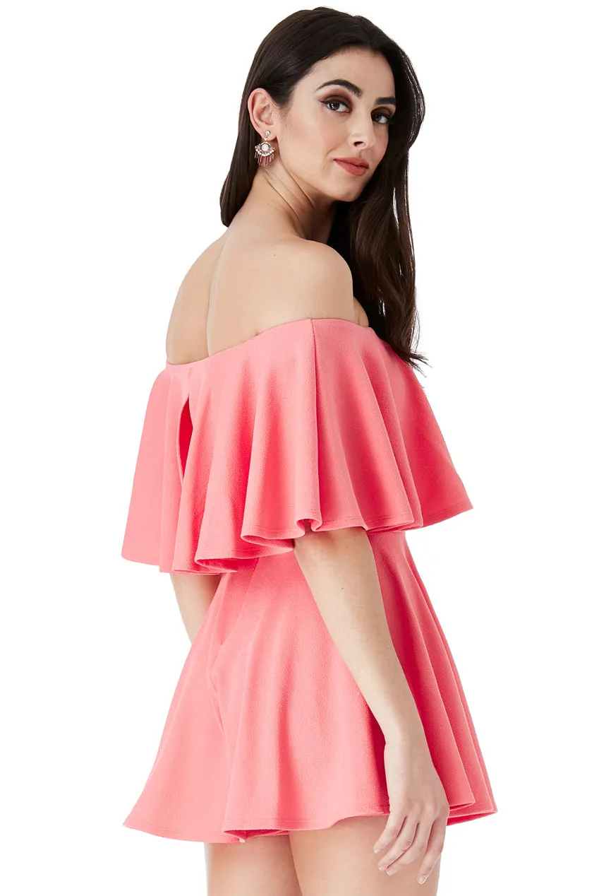 Goddiva Off The Shoulder Frill Neck Skater Playsuit - Coral