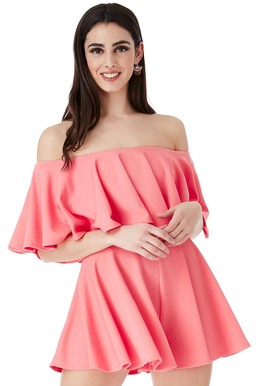 Goddiva Off The Shoulder Frill Neck Skater Playsuit - Coral