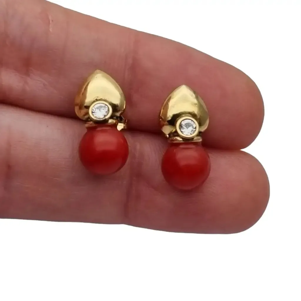 Gold and red coral laminated earrings with white zircons, gifts.