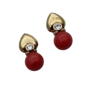 Gold and red coral laminated earrings with white zircons, gifts.