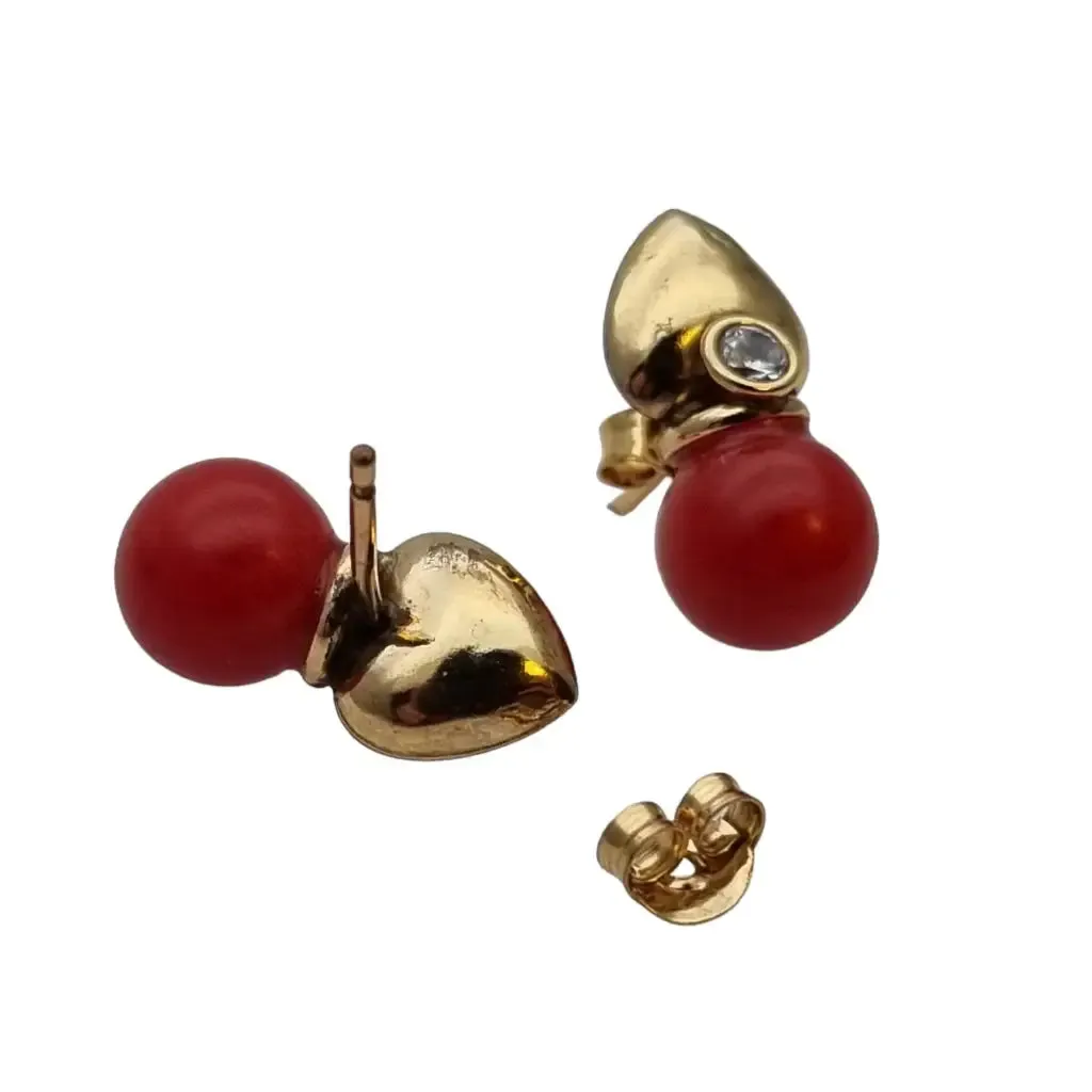 Gold and red coral laminated earrings with white zircons, gifts.